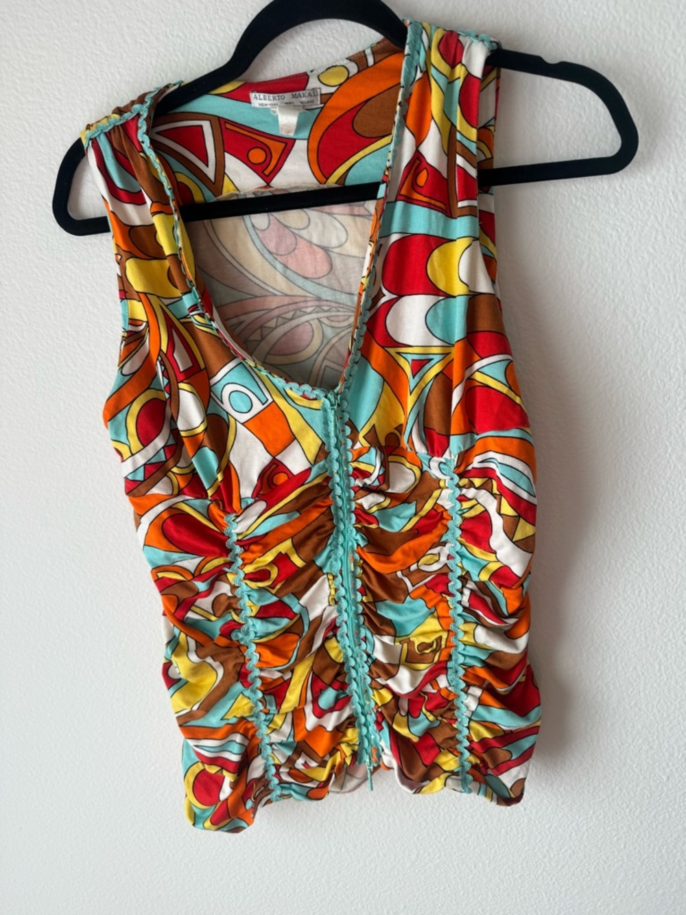 Alberto Makali Multicolor Abstract Ruched V-Neck Tank with Turquoise Trim